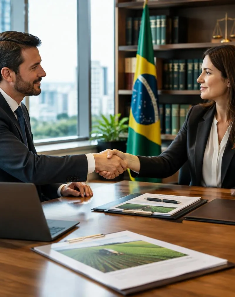 Advogado do agronegócio apertando a mão de um produtor rural no escritório