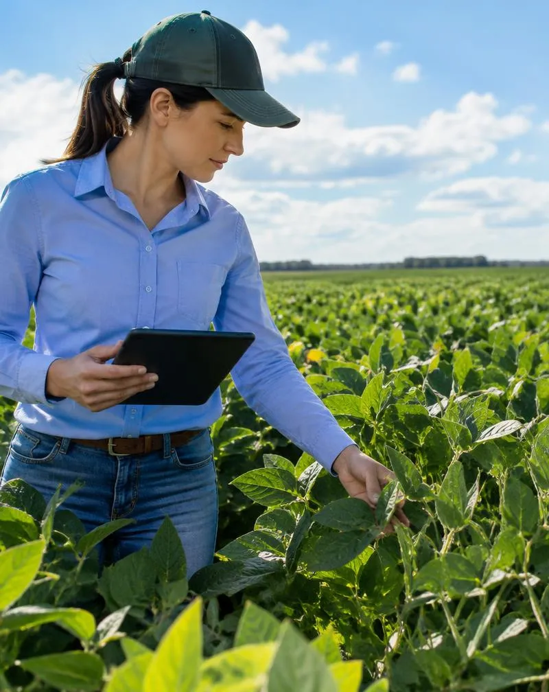 Agrônomo analisando plantas em uma lavoura
